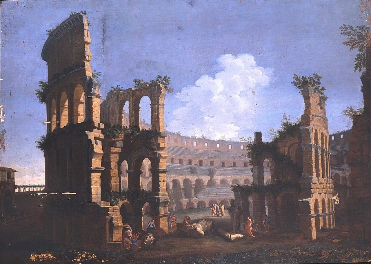 Veduta del Colosseo con archeologi e operai al lavoro